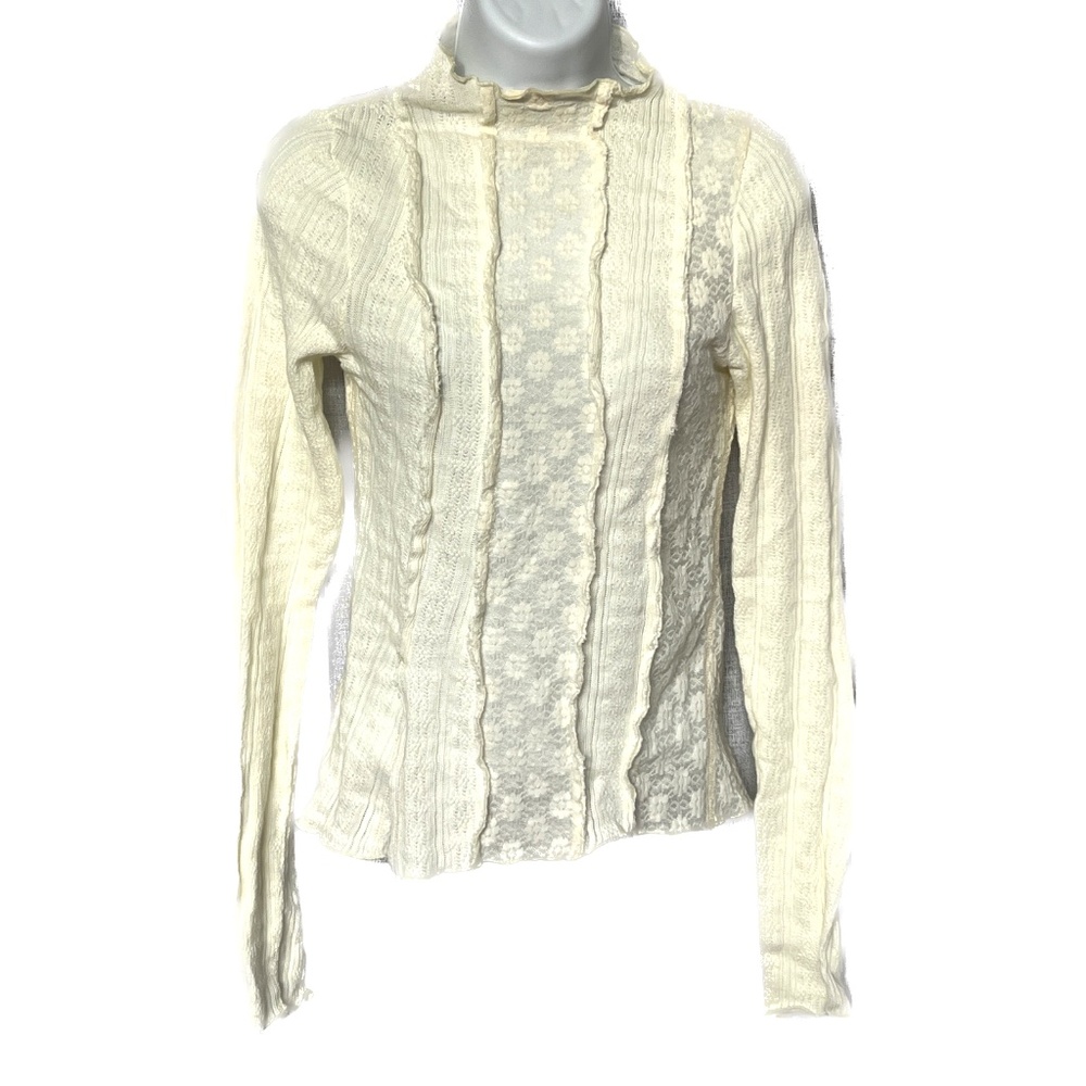 Free People Mock Neck Knit Top Size Small Gardenia Long Sleeve Lace Stretch
